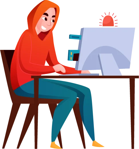Human character working on computer