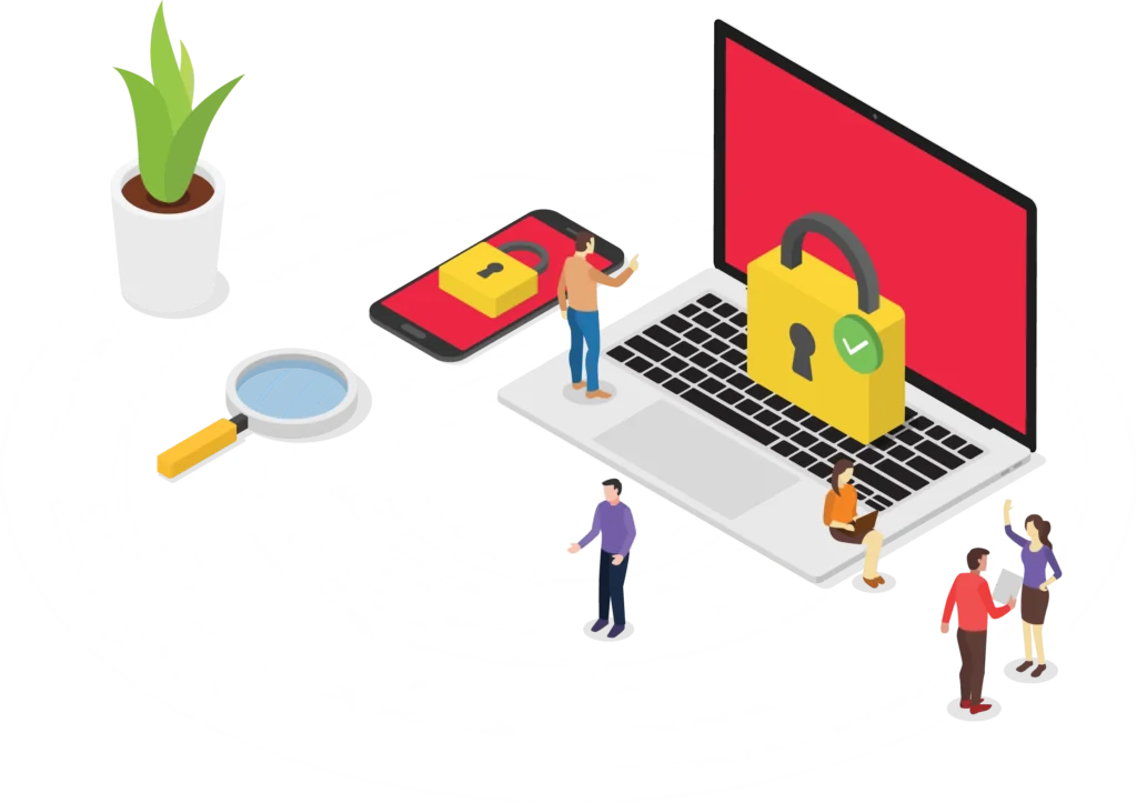 Laptop with a yellow locked key on top. Isometric Cyber Security Concept