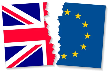 UK flag and EU Flag as brexit illustration