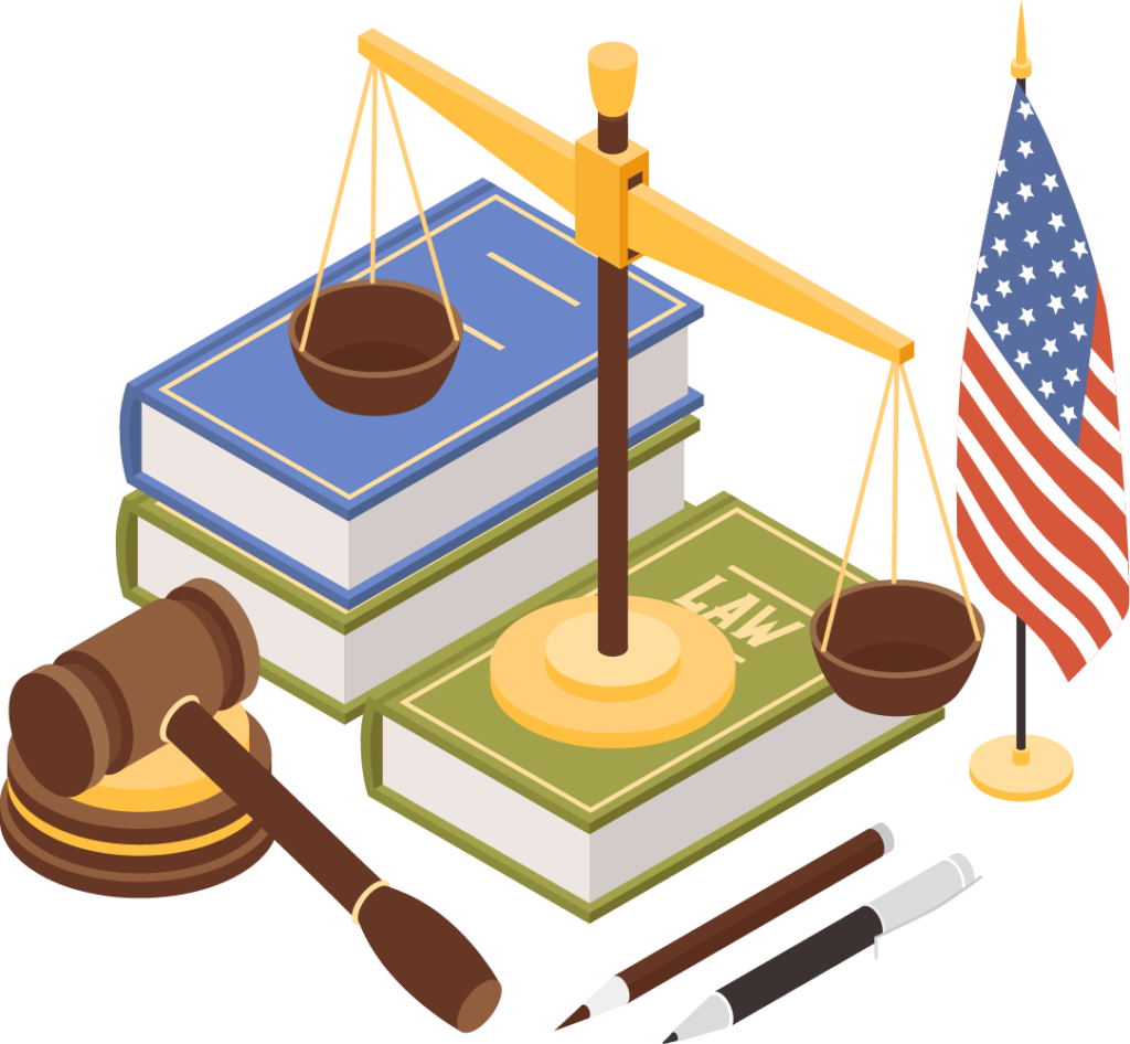 US court with flag and books