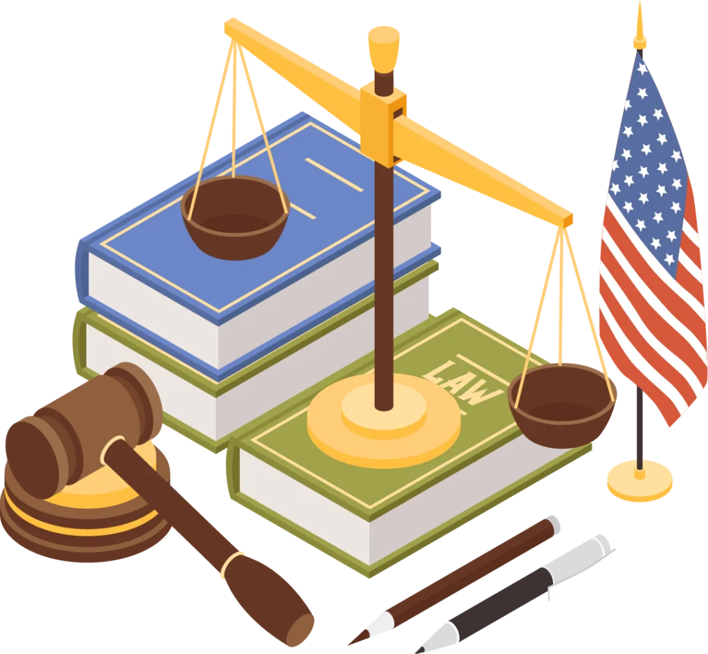 US court with flag and books