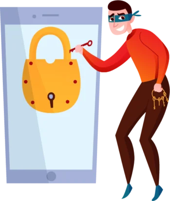 Data protection risks illustration with a hacker character