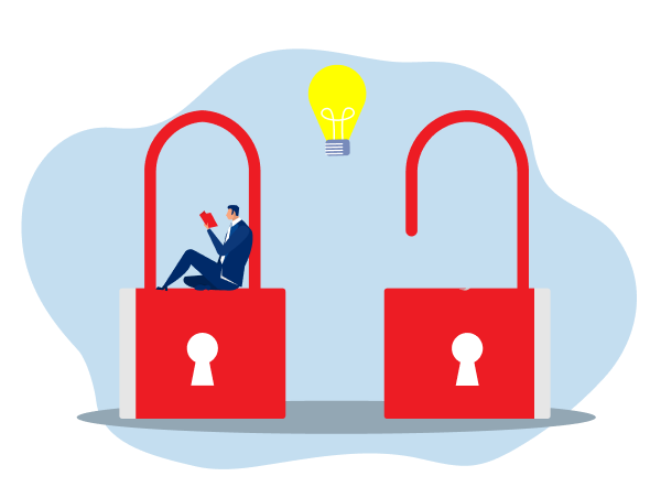 A graphic of two red locks with a lightbulb floating between them