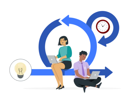 graphic of two workers, lightbulb and a clock