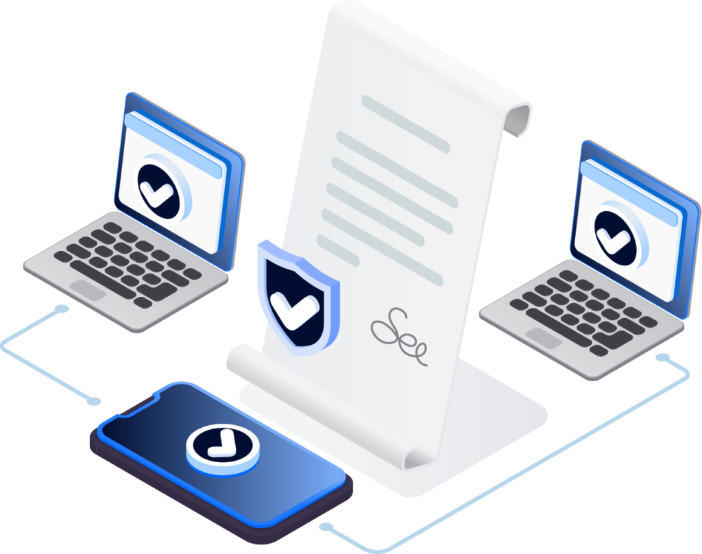 Contractual Consent concept with paper signature and computer icons