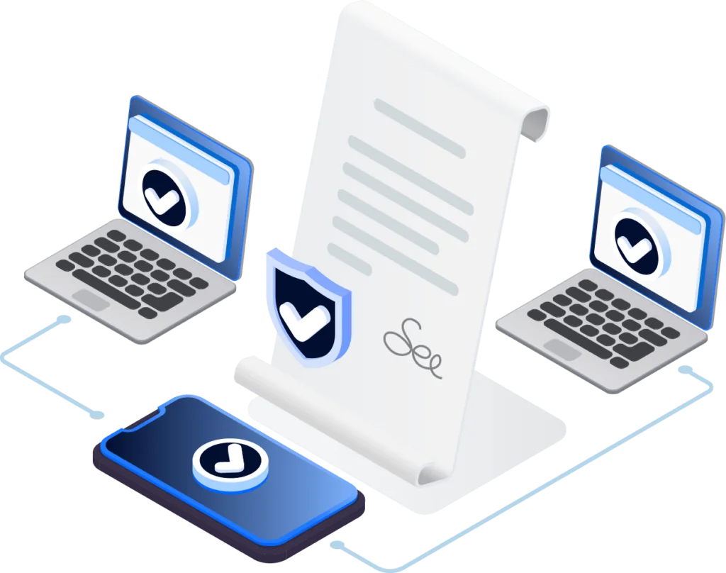 Contractual Consent concept with paper signature and computer icons