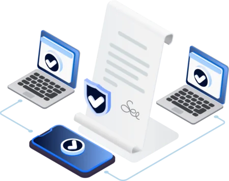 Contractual Consent concept with paper signature and computer icons