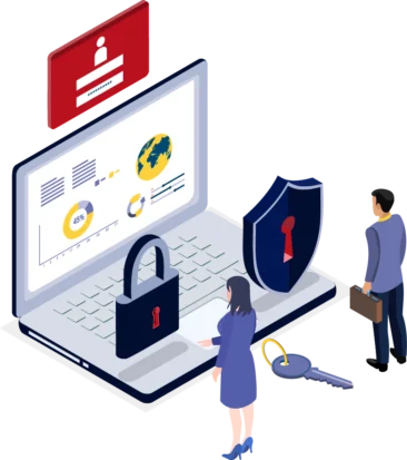 Principles of Data Protection Concept with Shield and Lock on Laptop with two human Characters