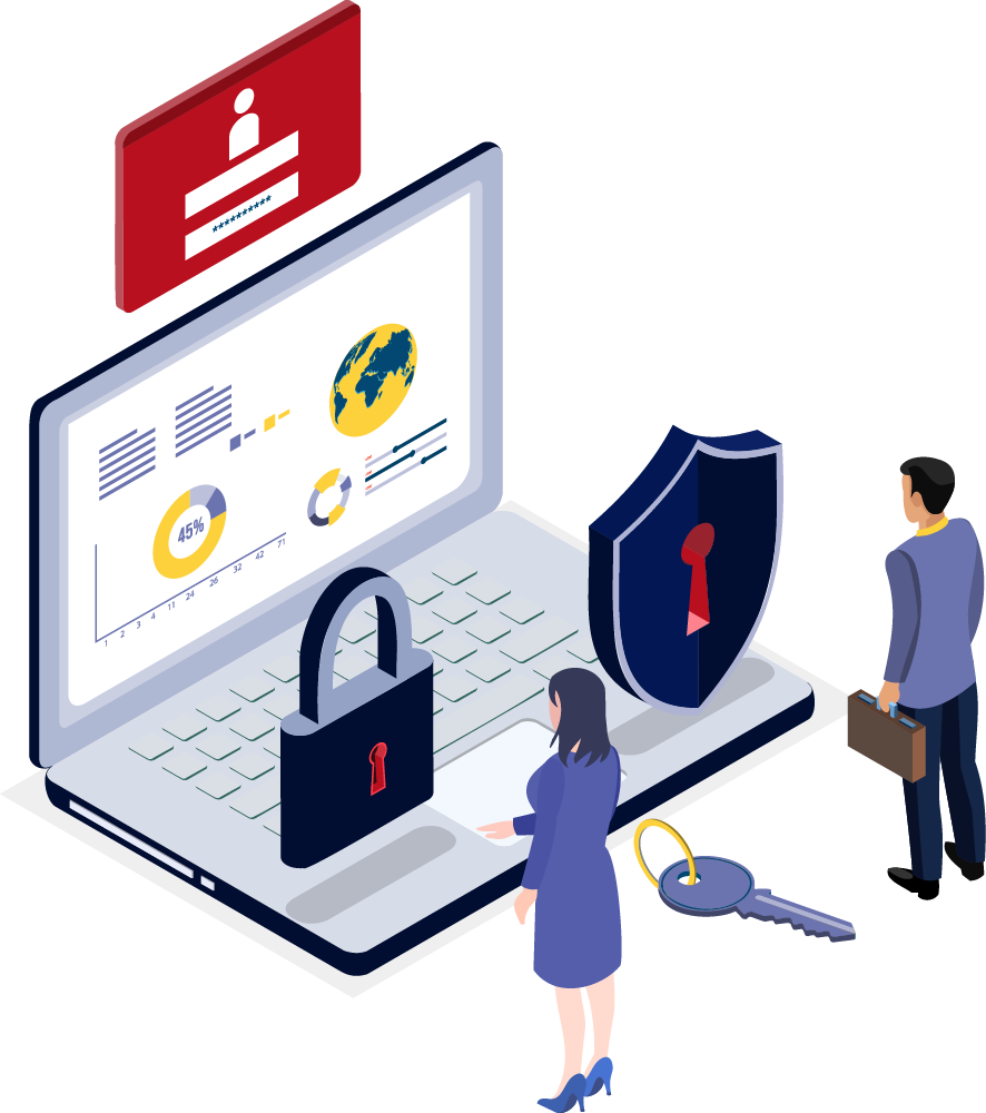Principles of Data Protection Concept with Shield and Lock on Laptop with two human Characters