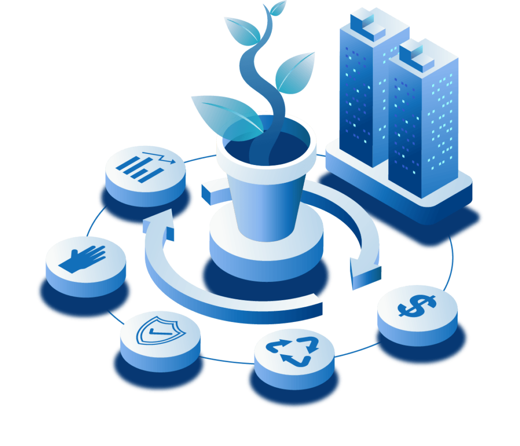 ESG Regulation for Businesses Concept with plant, building, security, dollar, graph icons