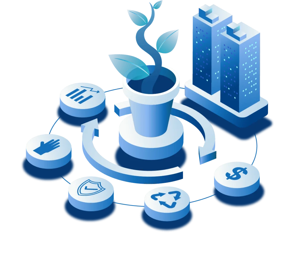 ESG Regulation for Businesses Concept with plant, building, security, dollar, graph icons