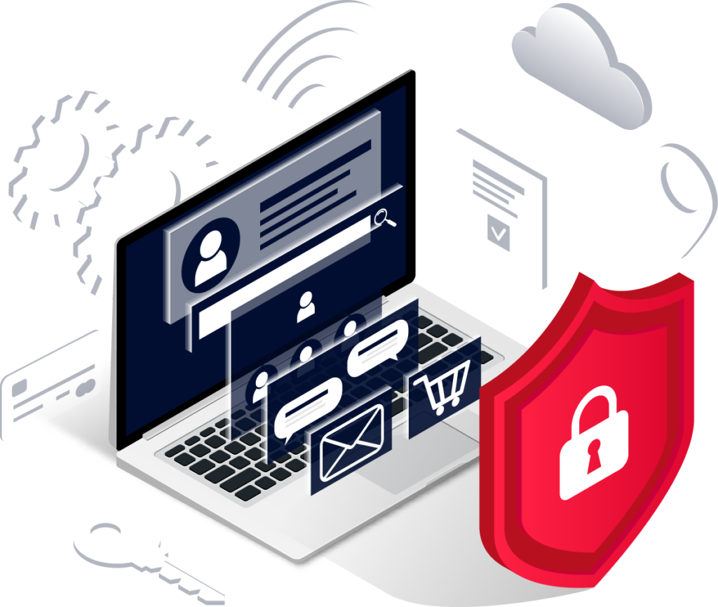 Red Shield with white lock icon, blue laptop with media icons on top.