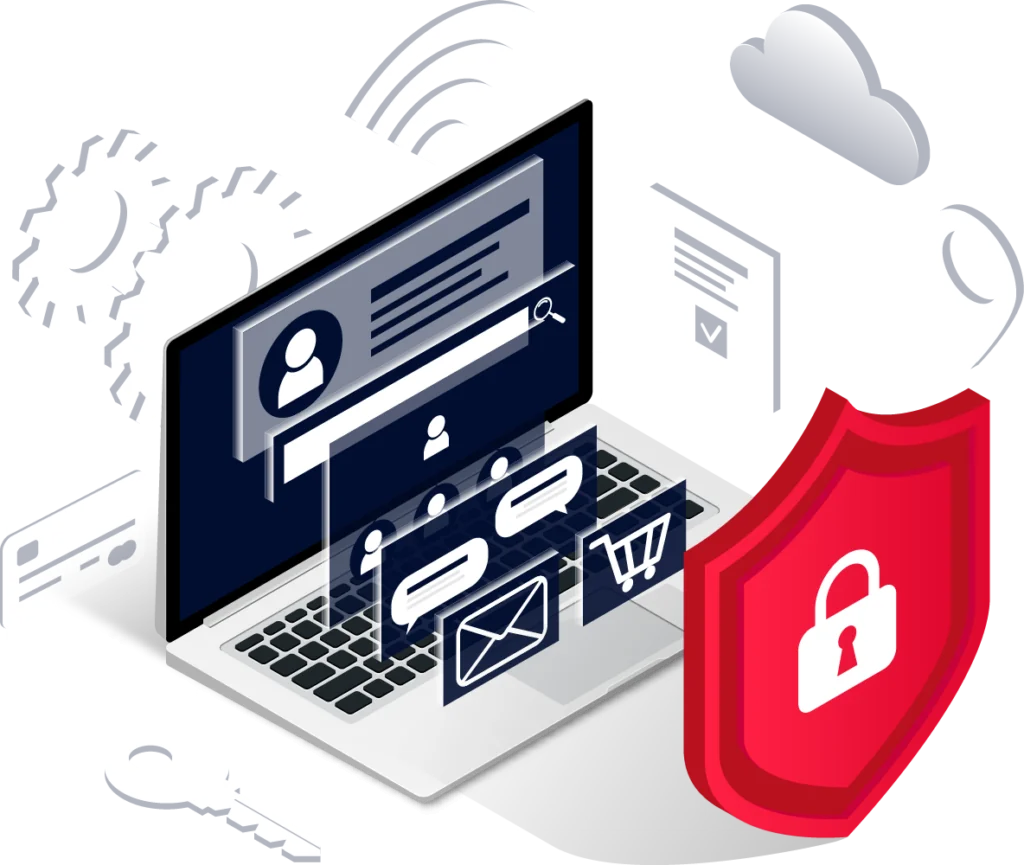 Red Shield with white lock icon, blue laptop with media icons on top.