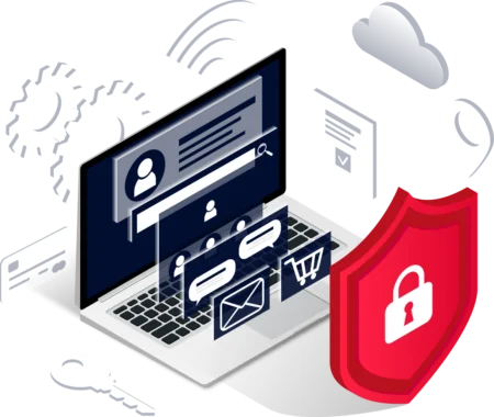 Red Shield with white lock icon, blue laptop with media icons on top.