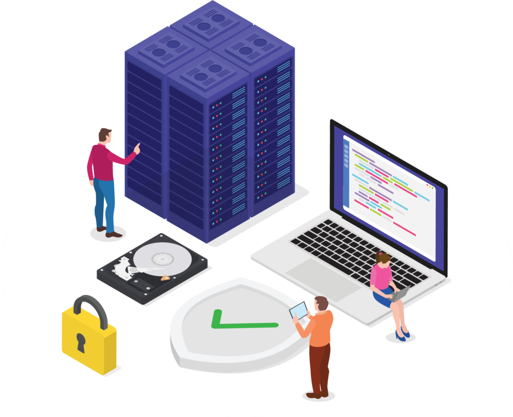 GDPR Requirements for Data Processors concept with three human characters, laptop, lock and database isometric