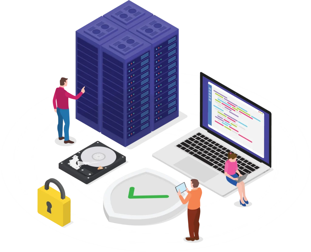 GDPR Requirements for Data Processors concept with three human characters, laptop, lock and database isometric