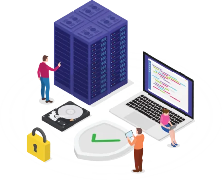 GDPR Requirements for Data Processors concept with three human characters, laptop, lock and database isometric
