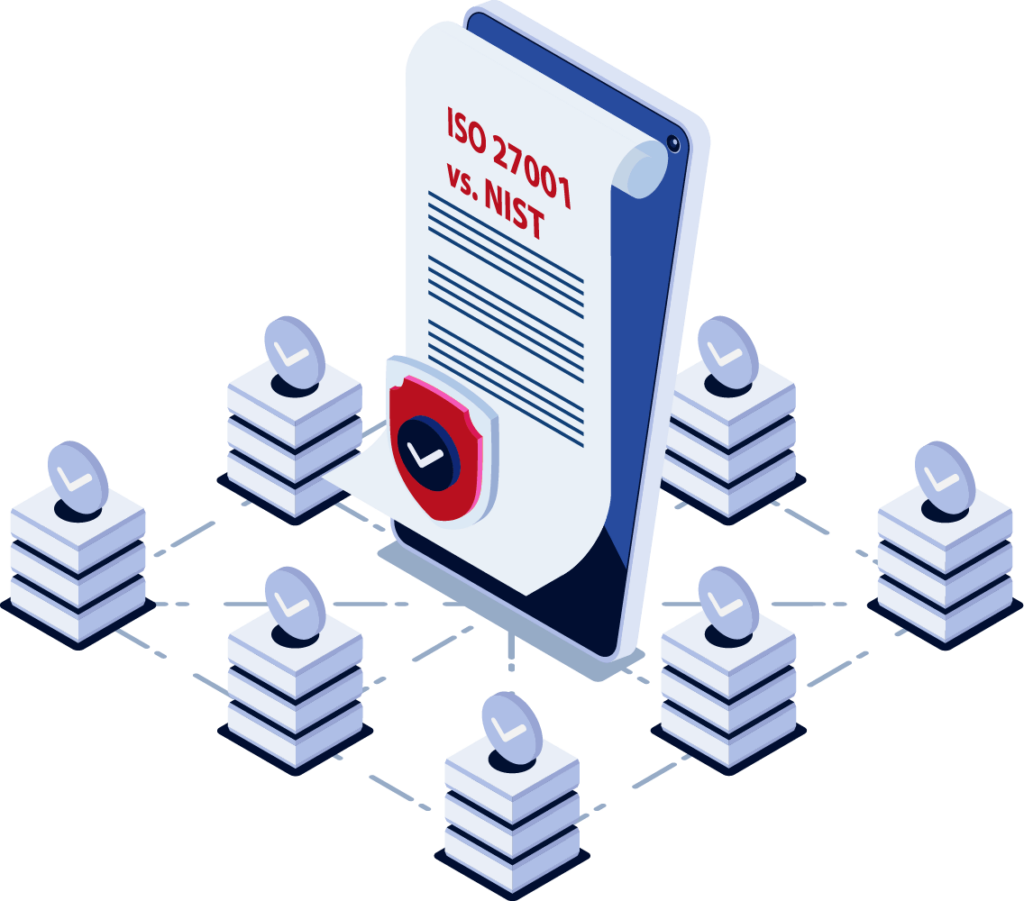 ISO 27001 vs. NIST Cybersecurity Framework Concept with Certificate and network icon and data privacy illustration