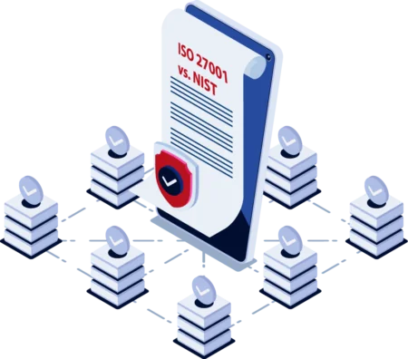 ISO 27001 vs. NIST Cybersecurity Framework Concept with Certificate and network icon and data privacy illustration