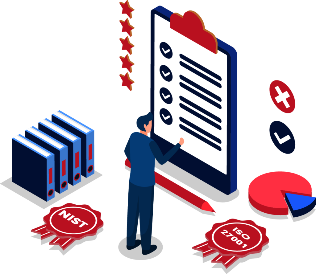Comparing ISO 27001 and NIST concept with ribbons and file icons, one human character and a big checklist