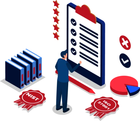 Comparing ISO 27001 and NIST concept with ribbons and file icons, one human character and a big checklist