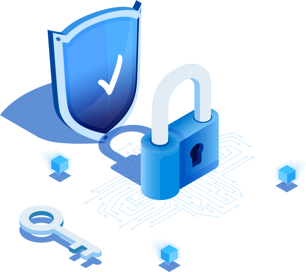 Privacy by Design Concept with big blue data privacy shield and lock and key