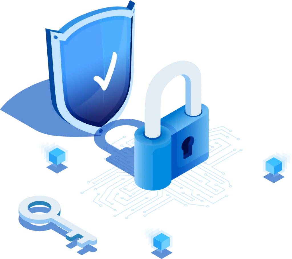 Privacy by Design Concept with big blue data privacy shield and lock and key