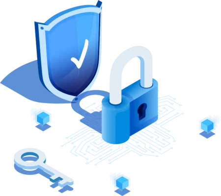 Privacy by Design Concept with big blue data privacy shield and lock and key