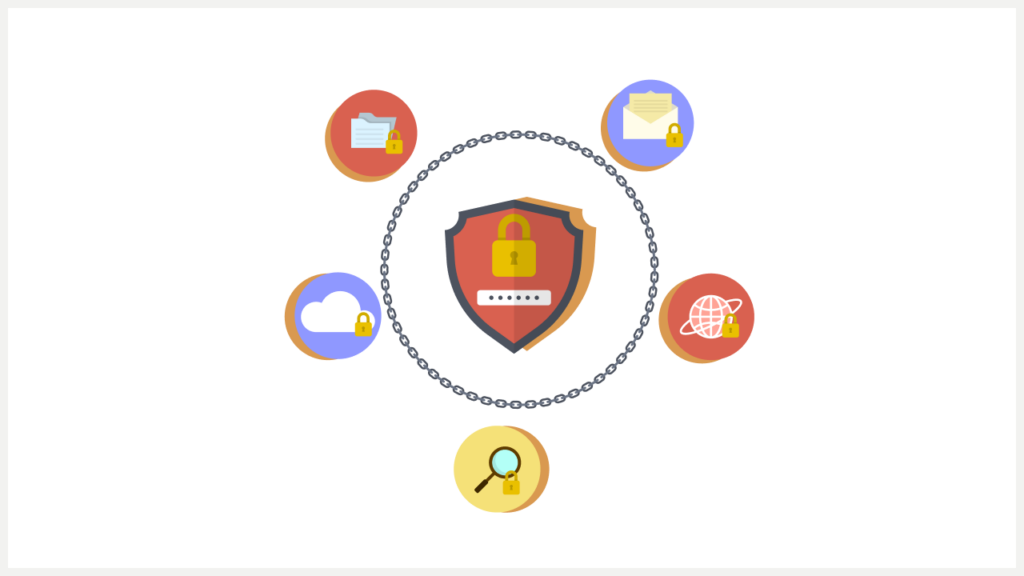 Title ''Implementing Data Protection and Privacy Measures for your Business'' with shield security graphic