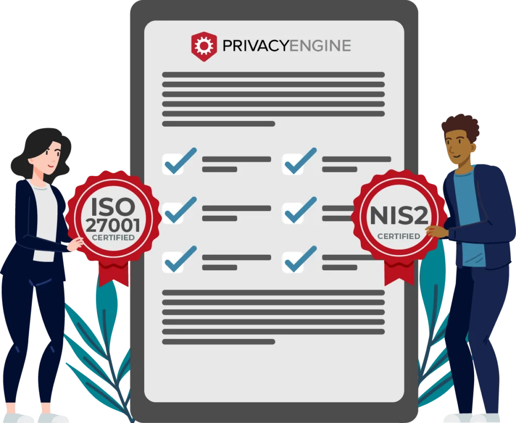 ISO 27001 and NIS2 certification with leaves and human characters