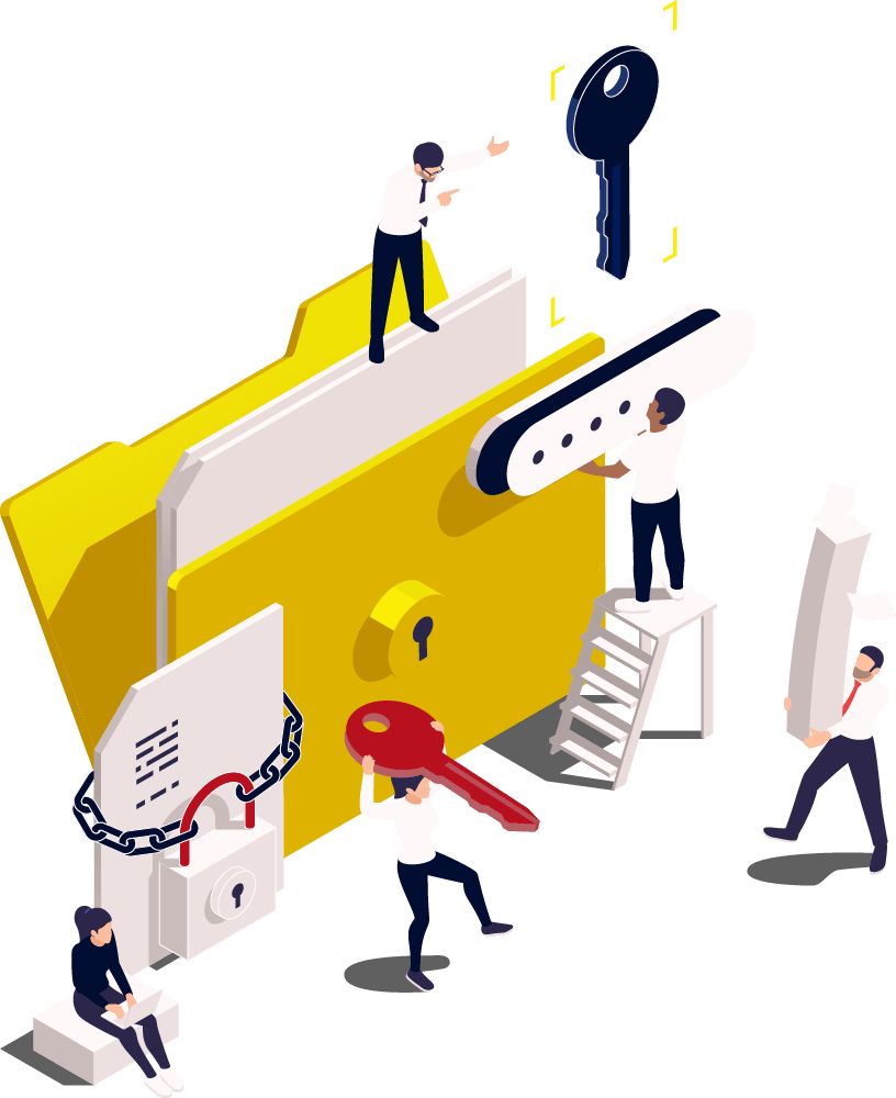 NIS2 guide concept icons isometric composition of text and document folder image with characters of workers illustration