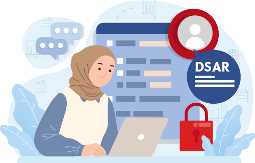 Illustration of a female character wearing hijab working in office